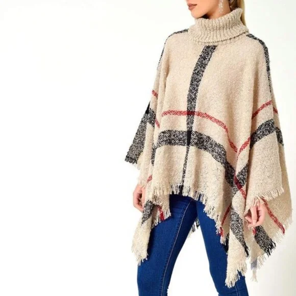 Plaid Turtleneck Knitted Poncho - Picture 1 of 3